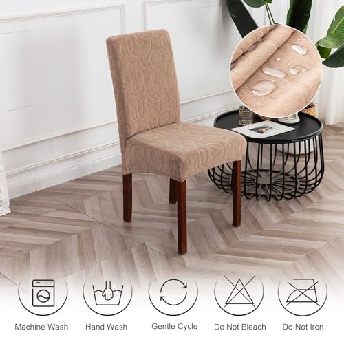 Waterproof Dining Room Chair Covers, Stretch Parsons Chair Slipcovers - color: Flower Pattern-khaki, size: Large-4 Pack
