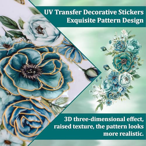 WANDIC 3 Sheets UV Rub on Transfer Stickers, Blue Green Hot Stamping Flowers Theme 3D Waterproof Decals for Cups Water Bottle Furniture, 15 * 30cm - color: Green Hot Stamping Flowers