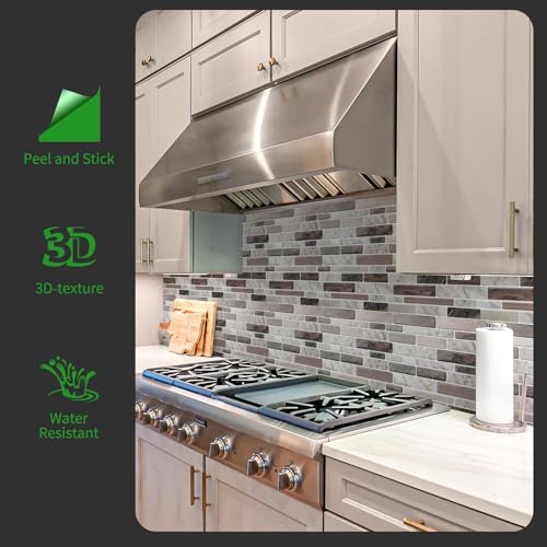 LONGKING Self-Adhesive Kitchen Backsplash, Marble Look Decorative Tiles (10 Tiles) (Multi) - color: Brown