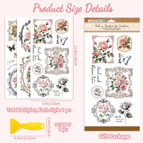 Peacoblue Vintage Rose Frame Rub On Transfers for Furniture Craft 6"x12" - style: Vintage Rose Frame