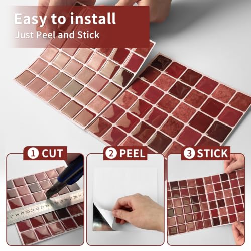 3D Mosaic Peel and Stick DIY Wall Backsplash Tiles (24, Burgundy) - color: Burgundy