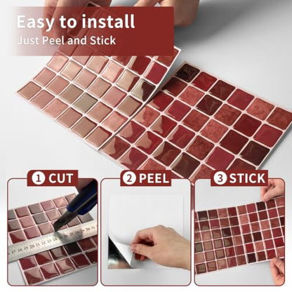 3D Mosaic Peel and Stick DIY Wall Backsplash Tiles (24, Burgundy) - color: Burgundy