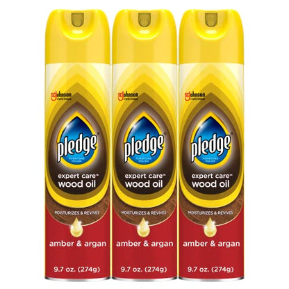 Pledge Moisturizing Wood Oil Polish Spray, Amber & Argan, 9.7 oz, (3-Pack)