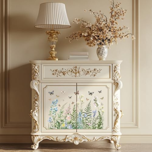 Peacoblue Plants & Butterflies Rub On Transfers for Furniture 6"x12" - style: Green Plants and Flowers with Butterflies