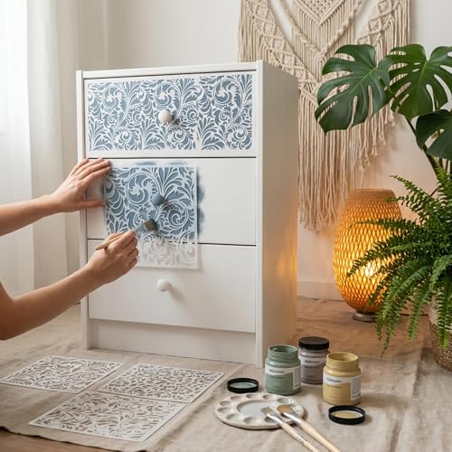 Retro Floral Pattern Painting Stencils Set - 8Inch/6Inch Reusable Flower Vine Swirl Stencil Templates for DIY Crafts, Wall Art, Furniture & Fabric Decor, Smooth PET Template for Acrylic & Spray Paint