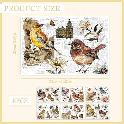 6 Pcs Vintage Letters & Birds Rub-On Transfers, 8 x 12 Inch - style: Vintage Bird Collage