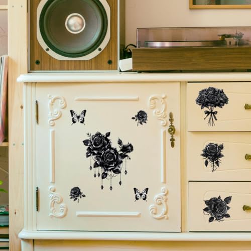 Peacoblue Gothic Black Roses Rub On Transfers for Furniture Craft 6"x12" - style: Gothic Black Roses
