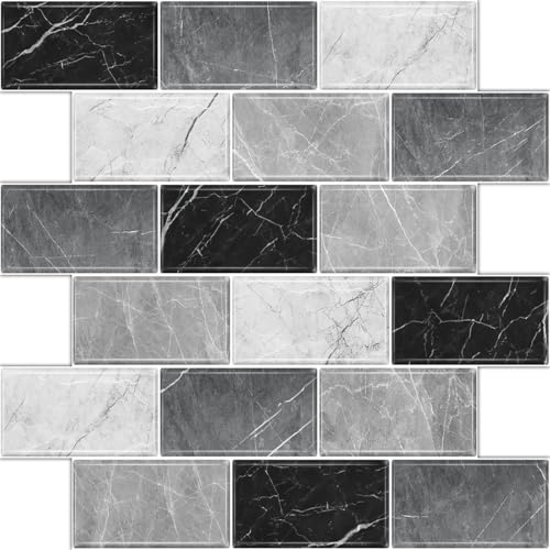 10 Sheets Peel and Stick Backsplash for Kitchen 12"X12" Renter Friendly Backsplash Back Splash Adhesive Subway Wall Tile Flat Vinyl Sticker for Bathroom Grey Marble (Not 3D Tile)