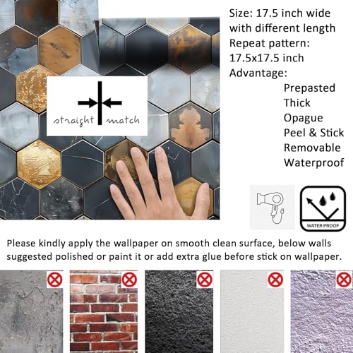 Livelynine Peel and Stick Backsplash Wallpaper Art Deco Geometric Hexagon Wall Tile Wallpaper for Kitchen Dark Navy Blue White Copper Metal Gold Vinyl Self Adhesive Contact Paper Waterproof 17.5x78.8 - size: 17.5x78.8 Inch