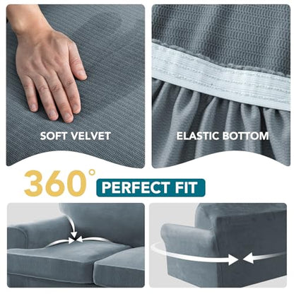 Sofa Cover 3 Piece T Cushion Loveseat Covers for 2 Cushion Couch Thick Velvet Couch Cover Stretch Furniture Covers with 2 Individual T Cushion Covers, Washable (2 Cushion Loveseat, Stone Blue) - color: Stone Blue, size: Loveseat (2 Cushion)
