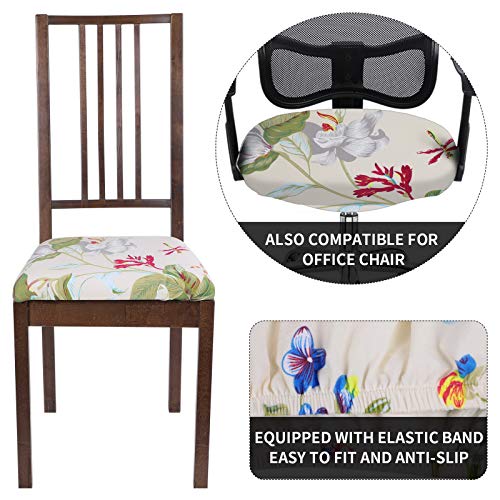 SearchI Seat Covers for Dining Room Chairs Stretch Printed Chair Seat Covers Set of 4, Removable Washable Upholstered Chair Seat Protector Cushion Slipcovers for Kitchen, Office(Beige+Flowers) - color: Beige+flowers
