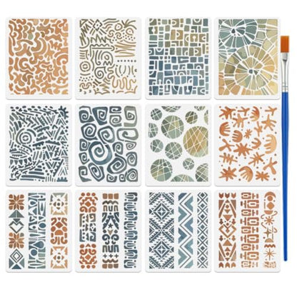 FINGERINSPIRE 12Pcs Geometric Painting Stencils 9.84x7.87inch with Paintbrush Reusable Texture Art Stencils Geometric Plastic Hollow Out Templates for Wood Furniture Canvas Scrapbook