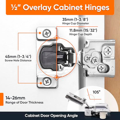 Decobasics 4 Pack Soft Close Cabinet Hinges – 1/2" Overlay for Kitchen Cabinet Doors, Slow Self-Closing Concealed Hidden Hinges for Face Frame –Stainless Steel, 3-Way Adjustable & Quiet Close Damper - size: 1/2 Inch