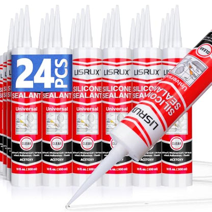 LISRUX Advanced Clear Silicone Caulk for Kitchen & Bathroom,10 fl oz Cartridge,24 Pack,100% Waterproof RTV Silicone Sealant,Stronger Adhesion,Shrink & Crack Proof - size: 24P
