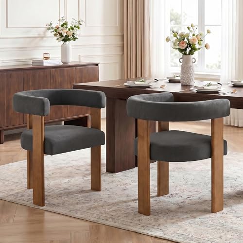 Usaint Wooden Barrel Dining Chairs Set of 2 with Walnut Wood Legs and Arm - color: Dark Gray, size: Set of 2