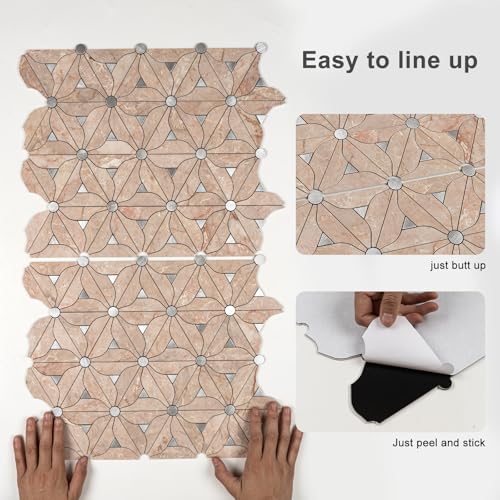 Peel and Stick Backsplash Tile, 10 Sheets Waterproof PVC Wall Tiles for Kitchen Bathroom, Thick Self Adhesive Stick on Backsplash, Covers 9.67 Sq.Ft - color: Beige Mixed Silver Petal