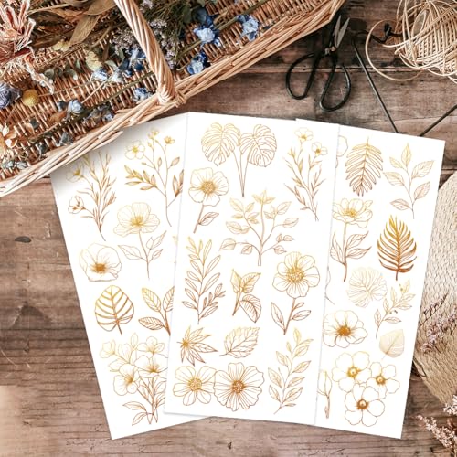 OLYCRAFT 3pcs/Set Orange-Yellow Flower Leaves Rub on Transfers for Furniture and Crafts 6x12 Inch Flowers Furniture Decals Transfer Stickers Rub on Decals with 1pc Scraper for Wood Glass Home Decor - style: Yellow-brown gradient flowers
