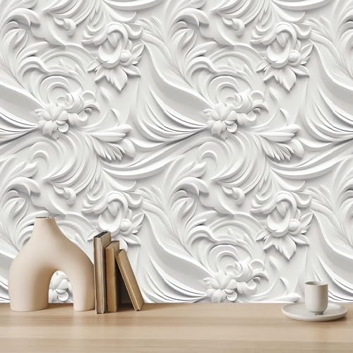 Peel and Stick Wallpaper White Gray Scroll Floral Modern - color: White&Light Gray, size: 17.7" x 78.7"