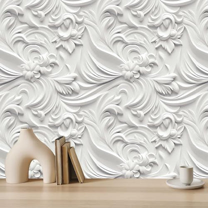 Peel and Stick Wallpaper White Gray Scroll Floral Modern - color: White&Light Gray, size: 17.7" x 78.7"