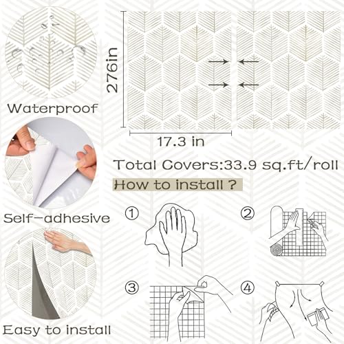 OSECAGE Geometric Peel and Stick Wallpaper Boho Contact Paper 17.3''×276'' - color: Beige, size: 17.3" x 276"