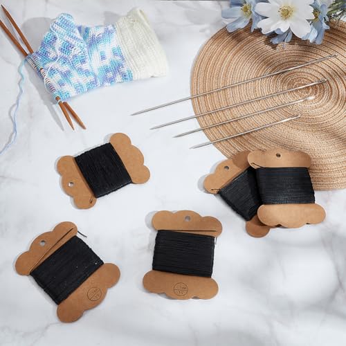ORIGACH Upholstery Repair Sewing Kit - 15/20/25/30cm 4 Pcs Tufting Needles with 150m Black Waxed Thread - Heavy Duty Leather Needles Kit for Hand Stitching, Canvas & Quilting