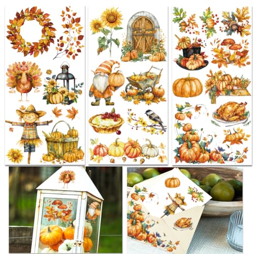 INFUNLY 3 Sheet Thanksgiving Rub on Transfers Decals 6x12 Pumpkin Turkey Furniture Rub on Transfer Stickers Fall Vintage Maple Leaves Furniture Rub on Transfer Decals Waterproof for DIY Home Decor - style: Thanksgiving