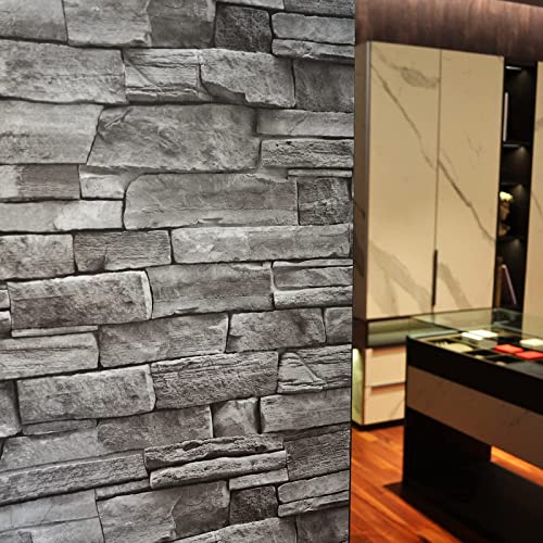 Grey Brick Wallpaper Peel and Stick 17.7"x 590" Faux 3D Waterproof Self Adhesive Stone Wallpaper for Bathroom, Bedroom, Kitchen, Living Room - size: 17.7" x 590"