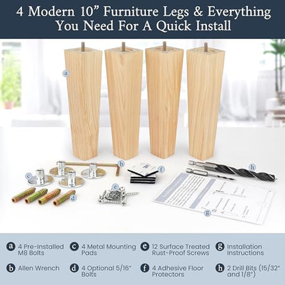 Airy Abode Premium Ash Wood Square Furniture Legs (Full Install Kit) - Pick Your Size and Color - color: Natural Ash Wood, size: 10 Inches