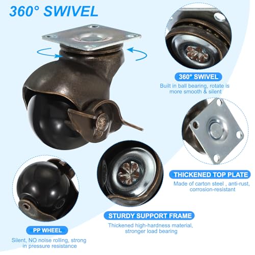 PATIKIL 1.5 Inch Ball Caster Wheels with Brake, 4 Pack 360° Rotating Swivel Top Plate Wheels 298 lbs Total Capacity Locking Caster with M4 Screws for Furniture Table Cabinet Bronze - color: Bronze, size: 1.5 Inch