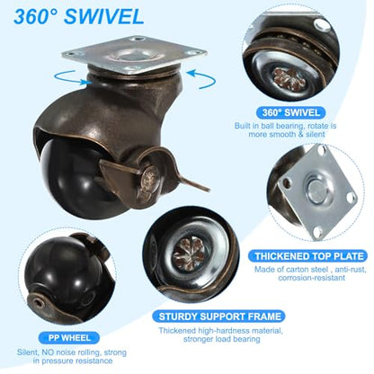 PATIKIL 1.5 Inch Ball Caster Wheels with Brake, 4 Pack 360° Rotating Swivel Top Plate Wheels 298 lbs Total Capacity Locking Caster with M4 Screws for Furniture Table Cabinet Bronze - color: Bronze, size: 1.5 Inch
