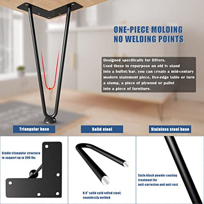 Hairpin Legs 16", Black Metal Furniture Legs for Table Bench, Set of 4 - size: 16inch