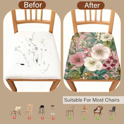 Chair Seat Covers - Waterproof Stretch Printed Dining Room Chair Cover with Elastic Ties Removable Washable Dining Upholstered Chairs Protector (Pink, Four-Piece Set) - color: Pink, size: Four-piece set