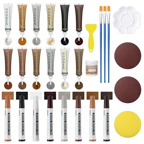 Oriflame Wood Furniture Repair Kit: 12-Color Filler and 8-Color Markers - Wood Touch Up for Scratches/Cracks/Holes/Stains in Floors/Table/Cabinets(Hardwood/Laminate) (Colorful) - color: 12 Color Filler and 8-color Markers With Putty