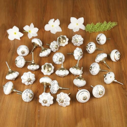 Craft Trade Decorative Ceramic Cabinet & Drawer Knobs – Kitchen Cabinet Hardware, Wardrobe, Cupboard & Dresser Pull Handles – Handmade Furniture Knobs (Off White, Set of 20) - color: Gold, style: 20