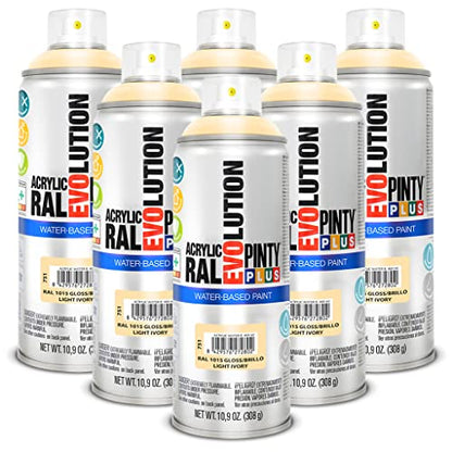 PINTY PLUS Water Based Spray Paint, 11oz, Low GWP Propellant, Low Odor, Gloss Off-White. Wood, Metal, Glass, Ceramics, Terra Cotta, Plastic, Pack of 6 - color: Light Ivory