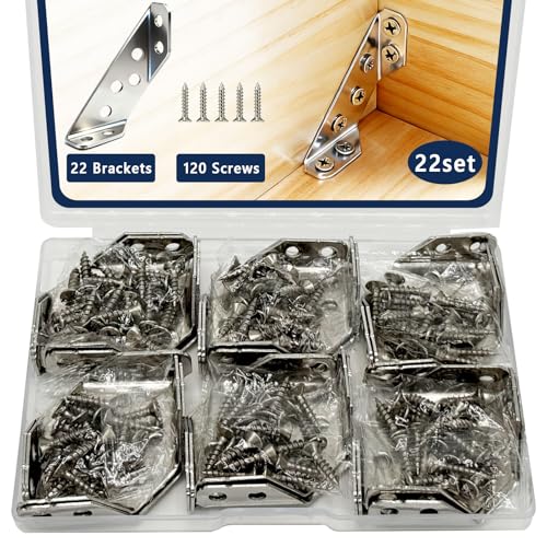 22-Pack Stainless Steel L Bracket with 120 Pieces Self-Tapping Screws, Universal Triangular Support Corner Bracket for Wood Furniture, L Brackets for Shelves, Drawers, Cabinets, Tables, and Chairs