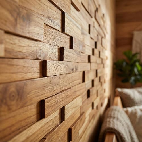 Bare Decor EZ-Wall 3D Mosaic Tile in Solid Teak Wood, Set of 10 Natural Finish Tiles - size: 10 sq ft