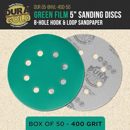 Dura-Gold 5" Green Film Sanding Discs, 400 Grit, 8-Hole, Box of 50, H & L - style: 400 Grit
