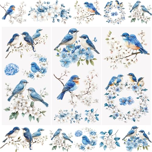 WANDIC 3 Sheets Rub On Transfer Stickers, Blue Flower Bird Pattern Waterproof Decals Furniture Craft for DIY Scrapbooking Photo Albums,15 * 30cm - color: Blue Flower
