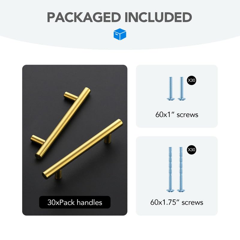 HOME EDIT Gold Cabinet Handles, Drawer Pulls, 3-3/4 Inch, 30 Pack - color: Brushed Brass, size: 3-3/4 Inch Hole Center