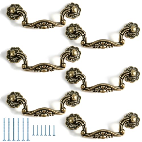 6 Pack Vintage Antique Brass Drop Bail Pulls for Cabinets and Dressers, 3 Inch Hole Centers Decorative Drawer Handles, Retro Zinc Alloy Furniture Hardware Replacement - size: 3 Inch