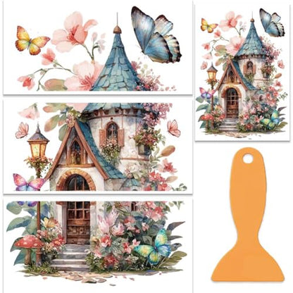 OLYCRAFT 3 Sheets/Set Rub on Transfers for Craft 12x6 Inch PVC Furniture Decals Reusable Waterproof Transfers Self-Stick Floral House Pattern Transfer with Scraper for Dressers Cabinets Window - style: Flower House