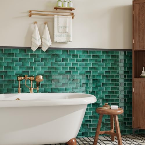 CRE8TIVE 16 Sheets Peel and Stick Subway Tile Green Backsplash Tiles for Kitchen Peel and Stick Tile Stickers Waterproof 12"x12" Renter Friendly Back Splash Stick on Tiles for Bathroom Wall Fireplace - size: 12"x12" (16-Sheets)