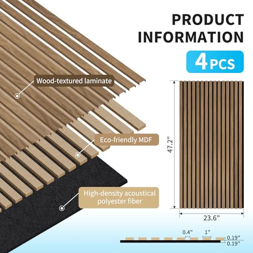 Art3d 47 x 23.6 Inch Acoustic Wood Slat Wall Panel, 4-Pack, Deep Walnut - color: Deep Walnut, size: 23.6" x 47"