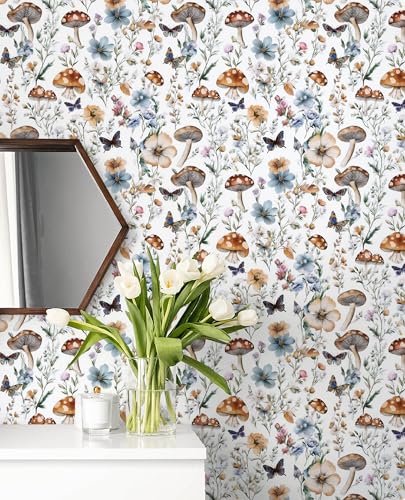 Froluya Mushroom Wallpaper Peel and Stick Boho Contact Paper 16.9" x 118.1" - color: White, size: 16.9" x 118.1"