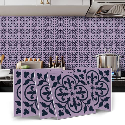 Alwayspon 12 Sheet 6x6inch 3D Thicken Foaming Board Vinyl Backsplash Marble Tiles, Self-Adhesive Peel and Stick Wall Tile Stickers Stick on Subway Tiles for Kitchen Bathroom Wall, Purple Black Floral - color: Purple Black Floral