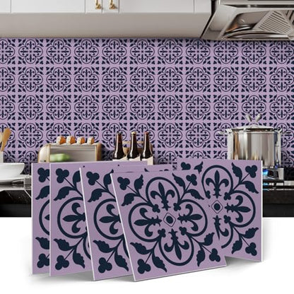 Alwayspon 12 Sheet 6x6inch 3D Thicken Foaming Board Vinyl Backsplash Marble Tiles, Self-Adhesive Peel and Stick Wall Tile Stickers Stick on Subway Tiles for Kitchen Bathroom Wall, Purple Black Floral - color: Purple Black Floral