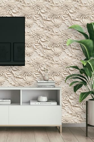 Peel and Stick Wallpaper Light Brown Scroll Floral Accent - color: Brown, size: 17.7" x 118"