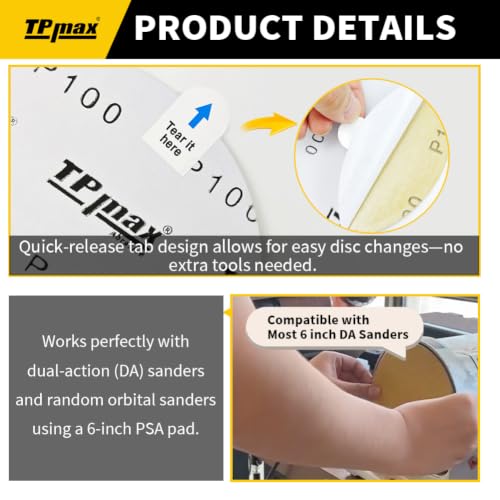 TPmax 6-Inch 120-Grit Gold PSA Sanding Discs, 50 Pack – Pro-Grade Self-Adhesive Stickyback Sandpaper with Quick-Release Tabs for DA Sander, Medium-Coarse Automotive/Wood/Metal Sanding - style: 120 Grit