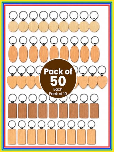 Blank Wood Keychains - Beech Wood DIY Craft Blanks for Engraving | 50 Pack